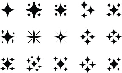 Fototapeta premium A comprehensive collection of fifteen distinct black sparkle and glitter icons arranged on a white backdrop
