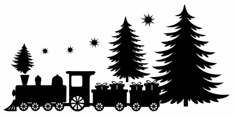 Fototapeta premium Christmas Holiday Steam Train: Festive Locomotive With Gifts And Pine Trees Silhouette