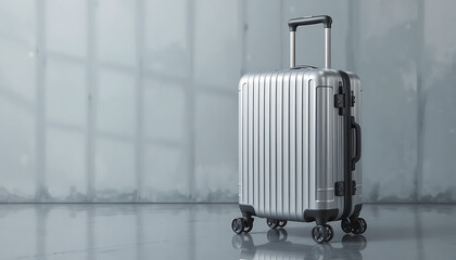 Modern silver suitcase on wheels in sleek interior space