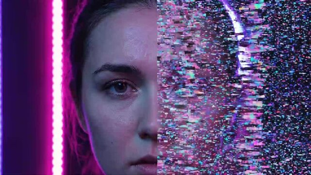 Deepfake AI Concept, Woman's Face with Digital Glitch and Pixel Distortion in Neon Lighting for Cyber Security
