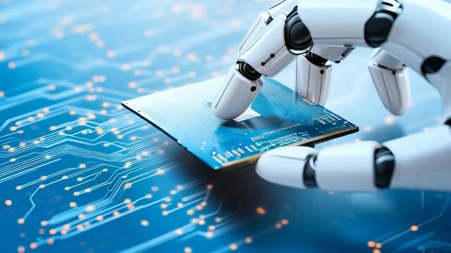 Robotic hand lifts and inspects a micro chip from a blue circuit board then rotates and places it back in close up for technology concept and electronics manufacturing