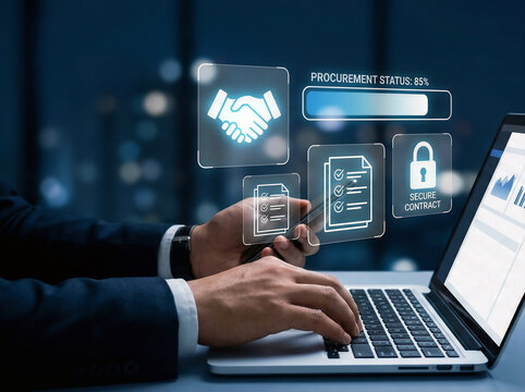 Businessman using laptop and smartphone with digital procurement icons. Secure contract approval, online document management, e-procurement technology and business workflow automation