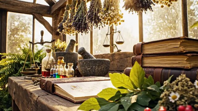 Apothecary table with dried herbs, old books, and golden sunlight