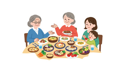 Multi-Generational Family Dinner Illustration. Happy Grandmothers, Mother, and Child Eating Delicious Food Together on White Background.