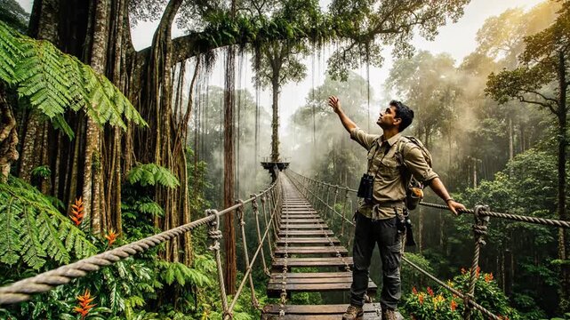 Adventurer stands on canopy bridge in dense tropical rainforest