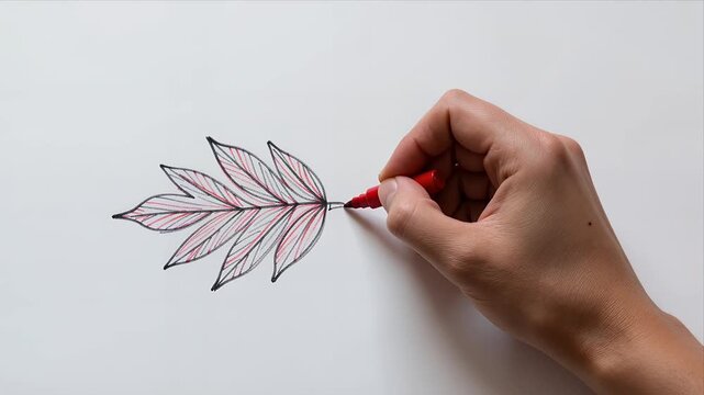 Hand Drawing Detailed Leaf Illustration Using Red Marker On White Paper In Calm Creative Process