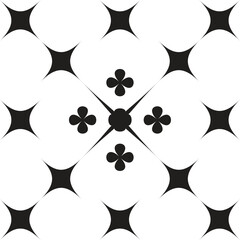 Fototapeta premium Black and white geometric tile pattern featuring symmetrical star shapes and small floral ornaments, ideal for wallpaper, textile prints, backgrounds, or decorative design projects seeking a classic o