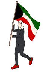 Female Athlete Running and Waving Kuwait National Flag,