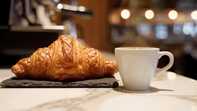 Delicious croissant on marble counter with coffee cup in cozy cafe setting