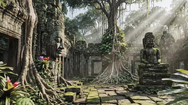 Ancient Buddhist temple ruins with statues and jungle foliage