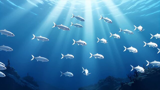 Serene Underwater Scene Featuring School Of Silver Fish Swimming Gracefully Through Sunlit Blue Ocean Waters Near Coral Reef