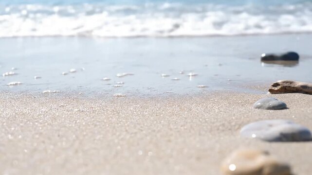 Shallow Water Shimmer Overhead view of crystal-clear shallow ocean water, revealing micro-textures of sand beneath, illuminated by high-key light with soft, gentle ripples.