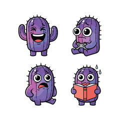 Cute cartoon cactus characters with different emotions reading and relaxing