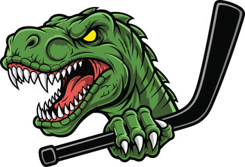 Aggressive T rex dinosaur mascot gripping hockey stick, fierce sports team logo illustration isolated on white background © Sharon 
