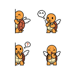 Cartoon turtle with wings thinking and looking around with copy space