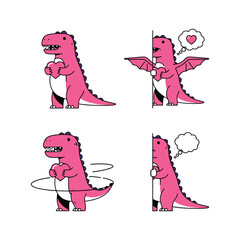 Pink cartoon dinosaur in various yoga poses with thought bubbles on white background