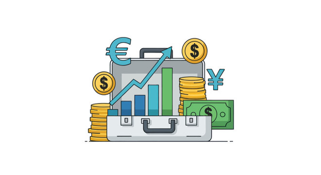 Financial Growth Concept: Briefcase with Rising Bar Chart Currency and Coins.
