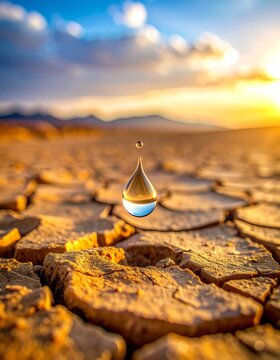 Minimalist macro of a lone water droplet hovering above cracked desert earth, warm golden tones, extreme shallow depth of field, cinematic lighting, symbolic contrast between drought and hope.