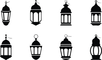 Ramadhan Lantern Silhouette Icon Vector Islamic Ramadan Lantern Black Silhouette Set