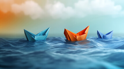 Three origami paper boats sailing on stylized ocean waves under cloudy sky concept.