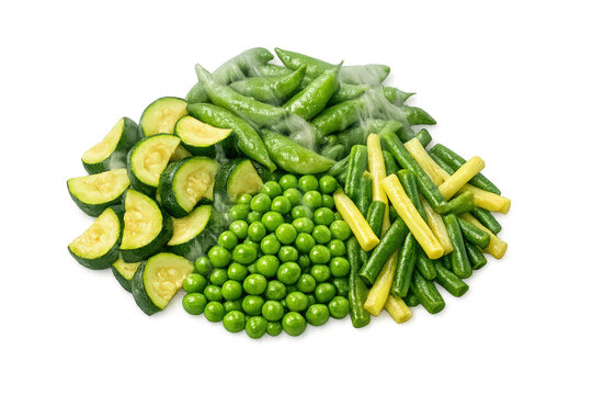 Frozen mixed vegetables including zucchini, snap peas, green peas, and green and yellow beans, isolated, transparent background