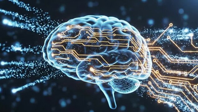 Futuristic brain with neural circuits glowing against dark background  
