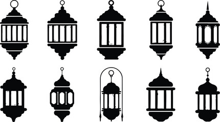 Ramadhan Lantern Silhouette Icon Vector Islamic Ramadan Lantern Black Silhouette Set