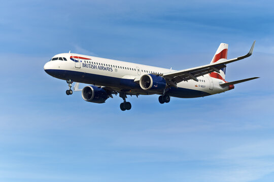 Geneva, Switzerland - february 13, 2026 : sign and logo on a British Airways plane landing at Geneva airport