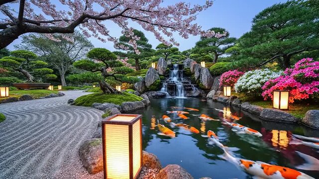 Serene Japanese Garden with Koi Fish and Lanterns.