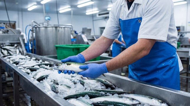 Worker in blue apron handling fresh fish on conveyor belt in processing facility