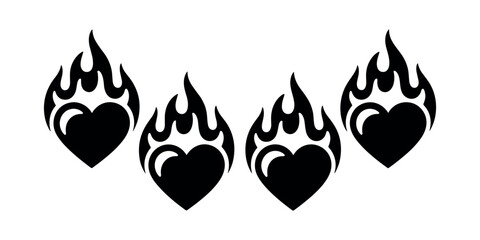 Four black hearts with flames on white background fire