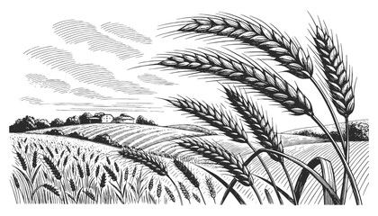 Vintage engraved wheat field landscape with farm buildings. Hand drawn black and white vector illustration in detailed retro line art style.