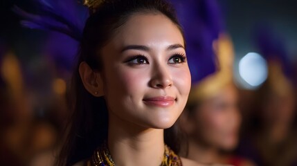 Fototapeta premium A beautiful woman with festive attire and makeup smiles gently illuminated by ambient light in a colorful celeb n