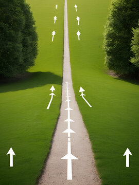 Arrows pointing in opposite directions on a forked path leading into the distance, direction, route