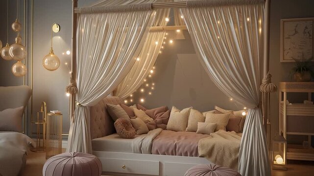 Elegant canopy bed in a cozy bedroom with soft curtains, warm lights and pastel decor creating a dreamy romantic atmosphere