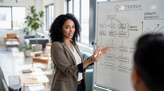 Female Team Leader Presenting Q1, Q2, Q3, Q4 Business Strategy on Whiteboard to Diverse Team