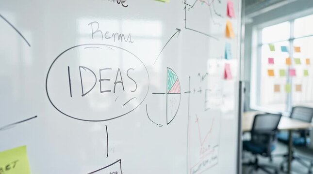 Female Team Leader Presenting Q1, Q2, Q3, Q4 Business Strategy on Whiteboard to Diverse Team