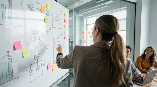 Female Team Leader Presenting Q1, Q2, Q3, Q4 Business Strategy on Whiteboard to Diverse Team