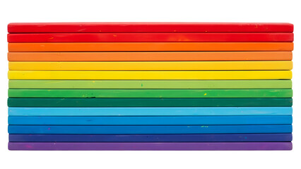 Colorful stacked wooden pencils arranged in a rainbow sequence on a transparent background