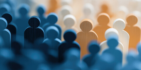 Fototapeta premium Colorful wooden human figurines in shades of blue and orange representing diversity and inclusion concept. 