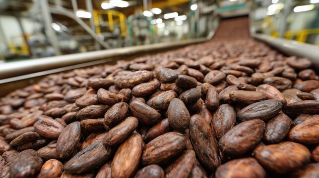 Roasted cacao beans on conveyor belt in chocolate factory