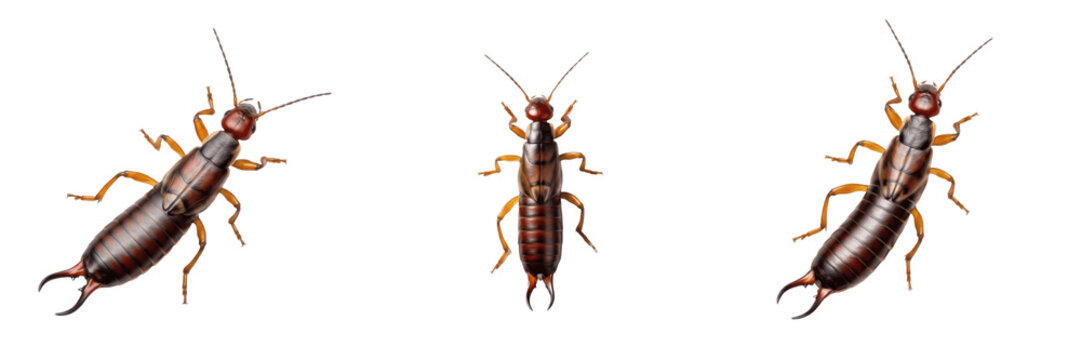 Set of three earwigs (Dermaptera) in various poses, isolated on white background.