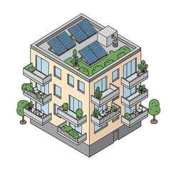Modern Multi Story Residential Building with Solar Panels.