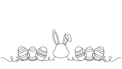 Easter Bunny and Decorated Eggs Line Art Border - Minimalist Festive Design