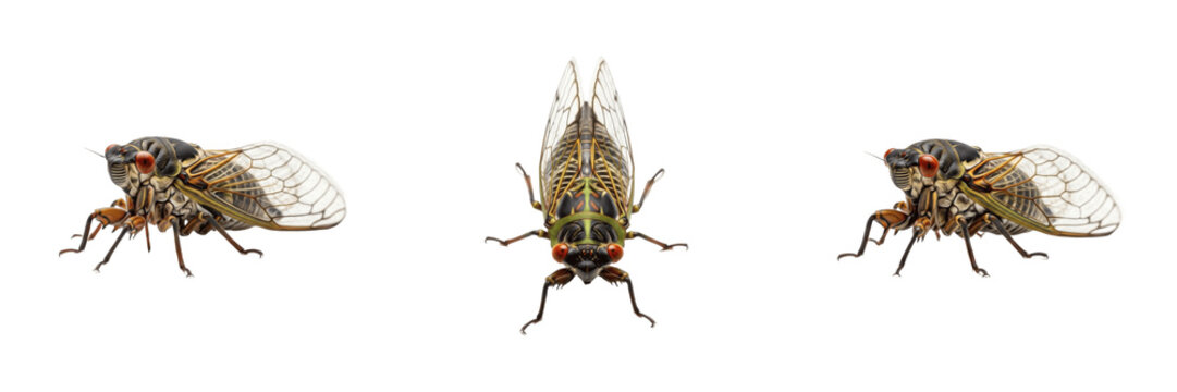 Set of three cicadas (Cicadidae) in various poses, isolated on white background.
