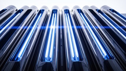 Obraz premium Group of parallel cylindrical objects with intense blue light shining from within