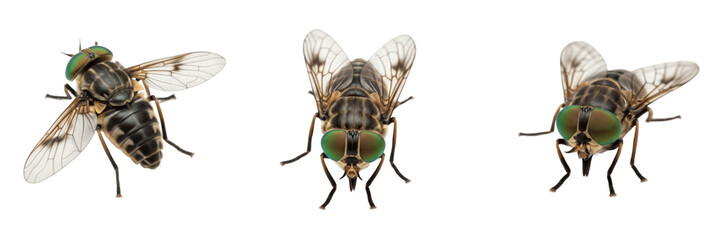 Set of three horse flies (Tabanidae) with green eyes, isolated on white background © Rama