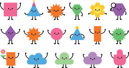 Obraz premium Cartoon geometric shape mascot vector illustration set, colorful educational icons with accessories, playful artwork, decorative graphics, learning motifs