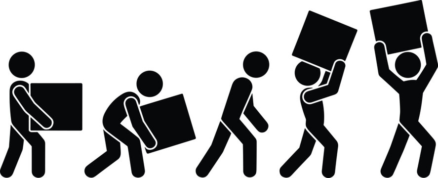 Manual material handling and lifting box sequence stick figure icons, workplace safety and heavy load carrying positions isolated on white background illustration