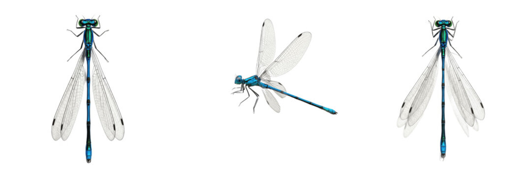 Set of three blue damselflies (Zygoptera) isolated on white background, macro photography.